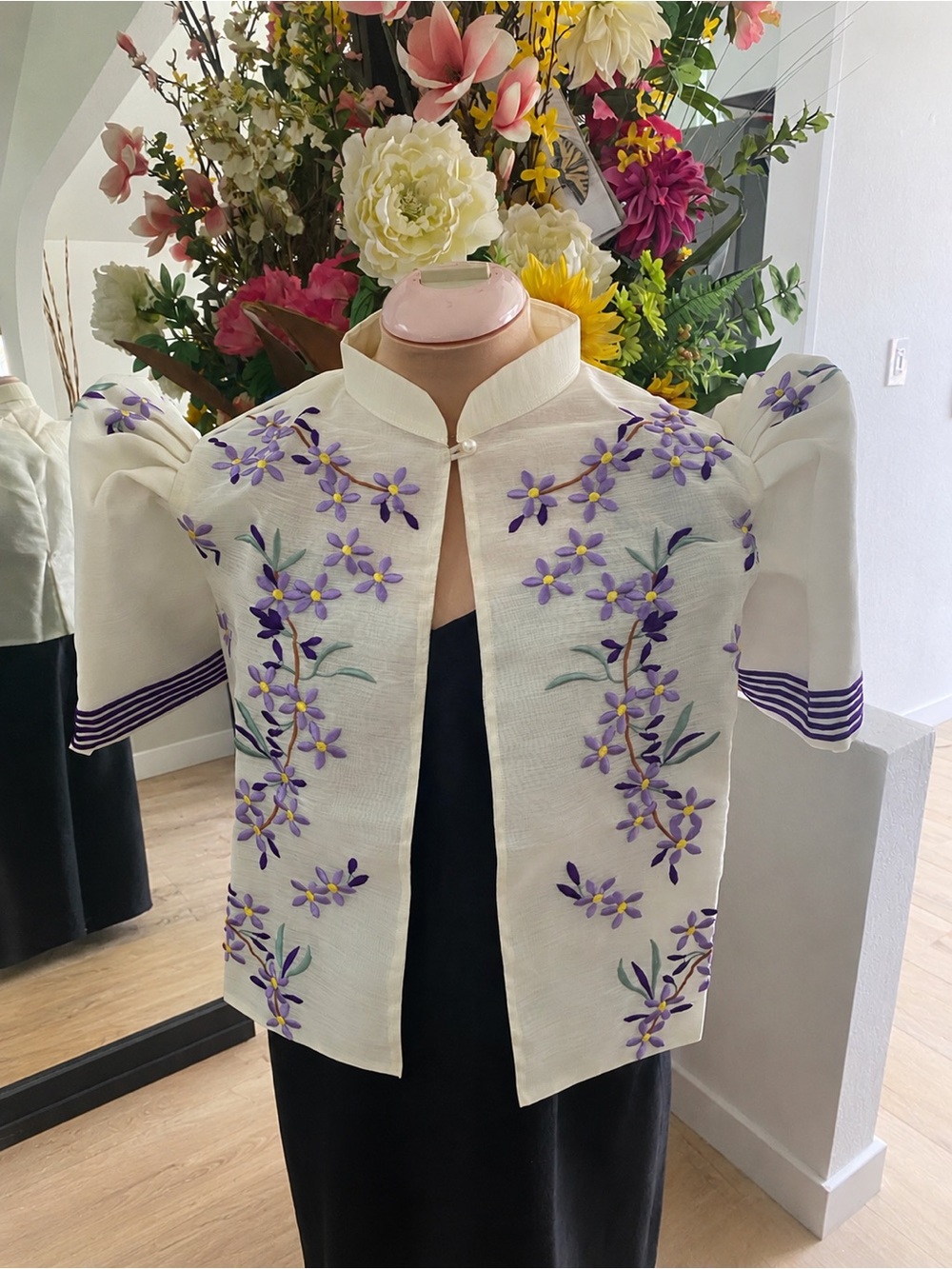Filipiniana Bolero Embroidered Puff-Sleeve Ivory Blouse with Lavender Floral